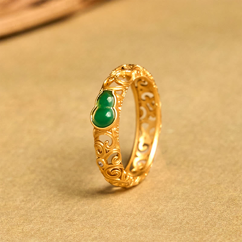 Fortune Jewel Vintage Gourd Green Chalcedony Copper Alloy Wealth Ring