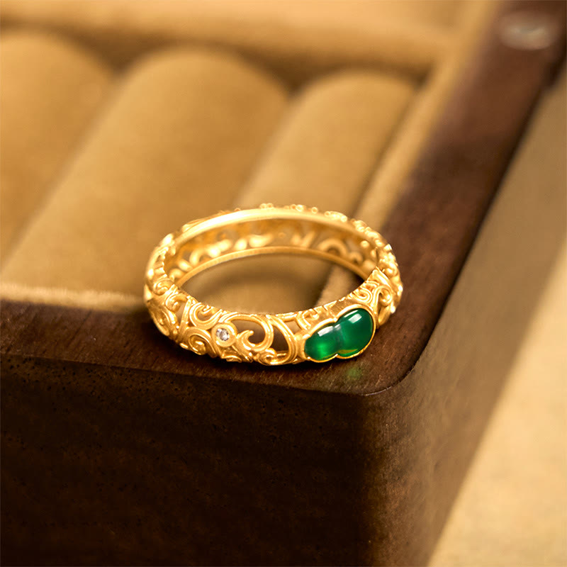 Fortune Jewel Vintage Gourd Green Chalcedony Copper Alloy Wealth Ring