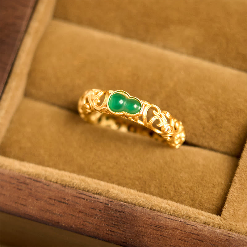 Fortune Jewel Vintage Gourd Green Chalcedony Copper Alloy Wealth Ring