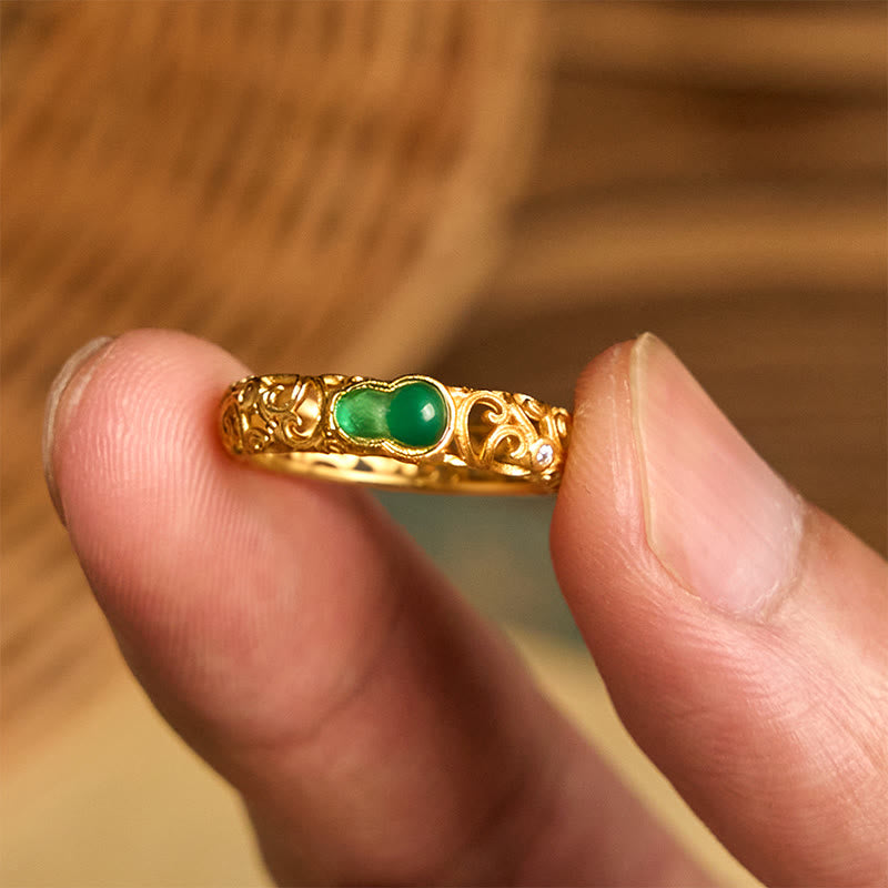 Fortune Jewel Vintage Gourd Green Chalcedony Copper Alloy Wealth Ring