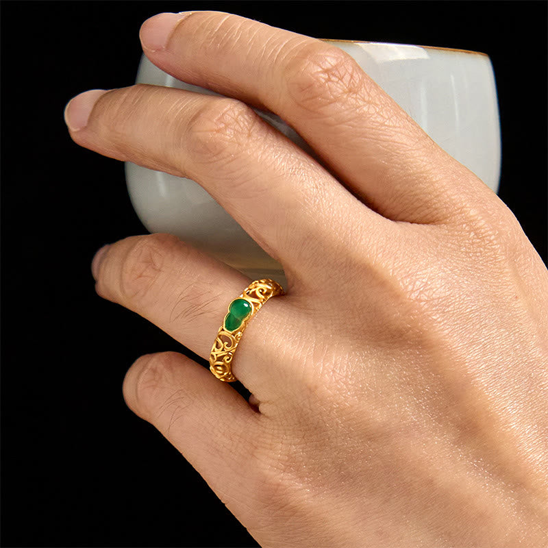 Fortune Jewel Vintage Gourd Green Chalcedony Copper Alloy Wealth Ring