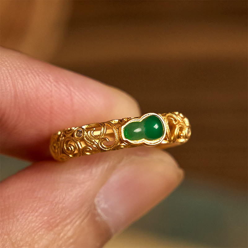 Fortune Jewel Vintage Gourd Green Chalcedony Copper Alloy Wealth Ring