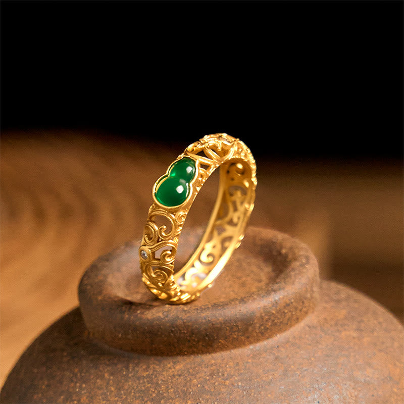 Fortune Jewel Vintage Gourd Green Chalcedony Copper Alloy Wealth Ring