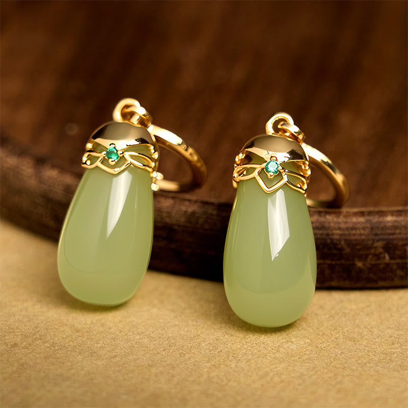 Fortune Jewel Green Chalcedony Water Drop Strength Copper Posts Earrings