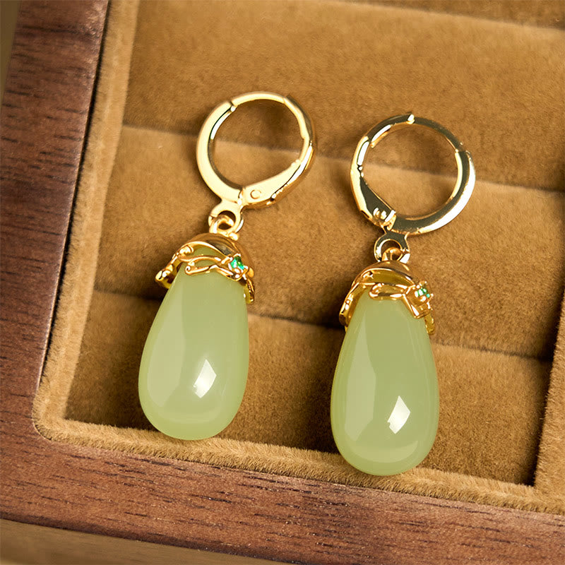 Fortune Jewel Green Chalcedony Water Drop Strength Copper Posts Earrings
