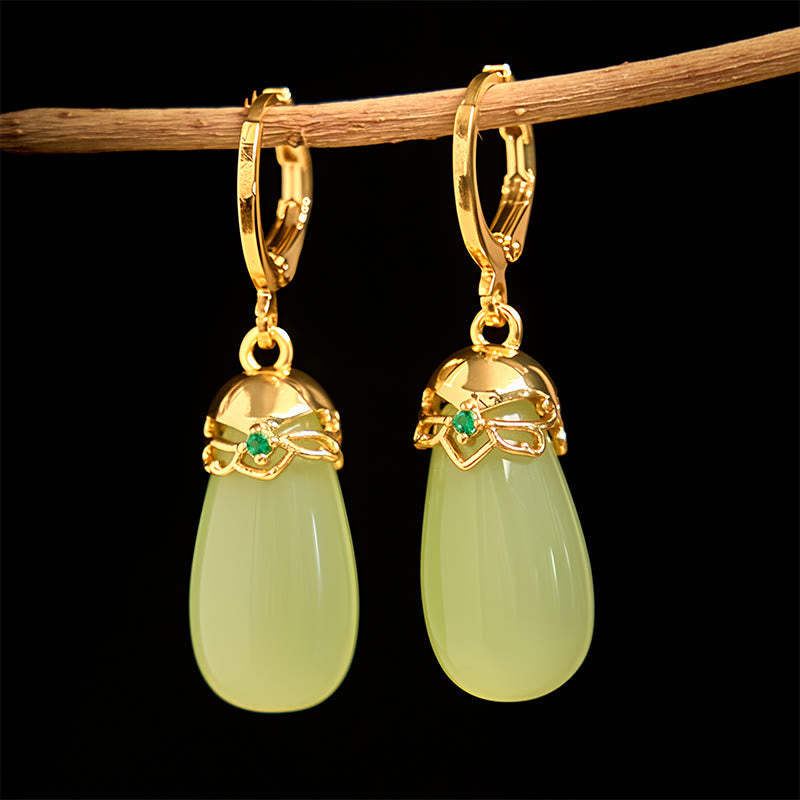 Fortune Jewel Green Chalcedony Water Drop Strength Copper Posts Earrings