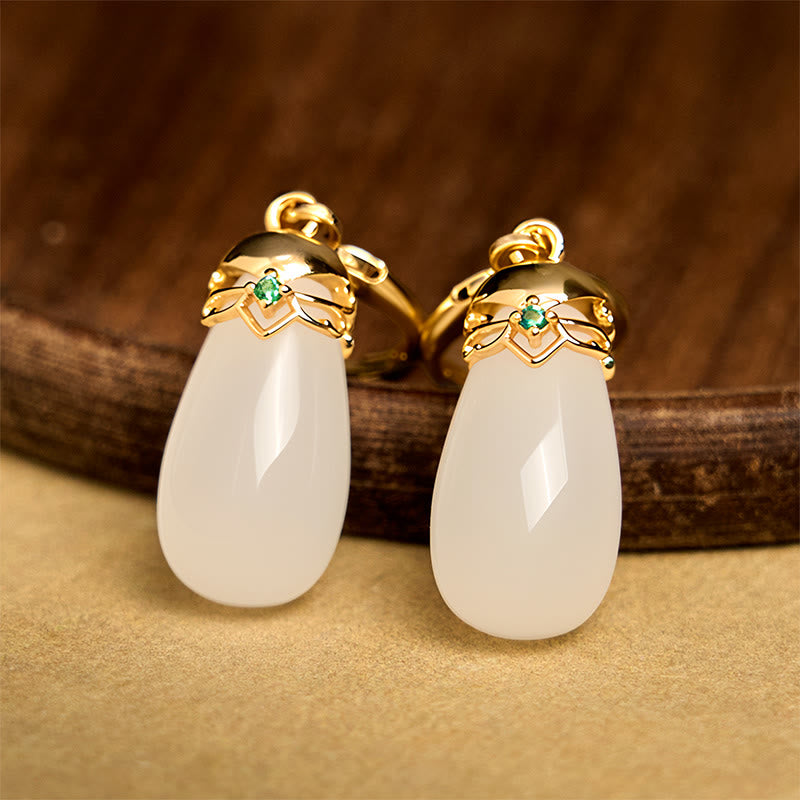 Fortune Jewel Green Chalcedony Water Drop Strength Copper Posts Earrings