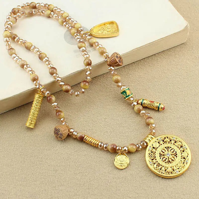 Fortune Jewel Tibetan Lotus Round Plate Golden Tiger Eye Beads Necklace Pendant Fortune Jewel