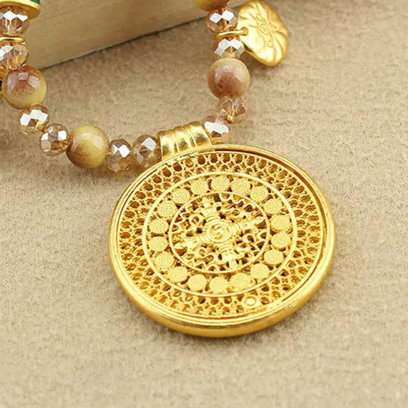 Fortune Jewel Tibetan Lotus Round Plate Golden Tiger Eye Beads Necklace Pendant Fortune Jewel