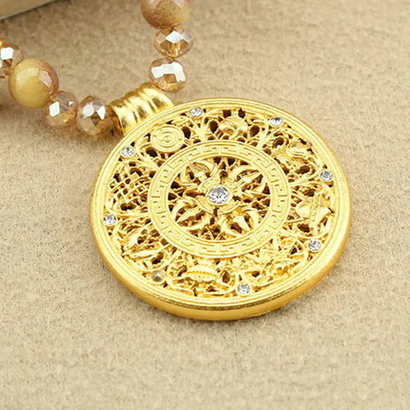 Fortune Jewel Tibetan Lotus Round Plate Golden Tiger Eye Beads Necklace Pendant Fortune Jewel