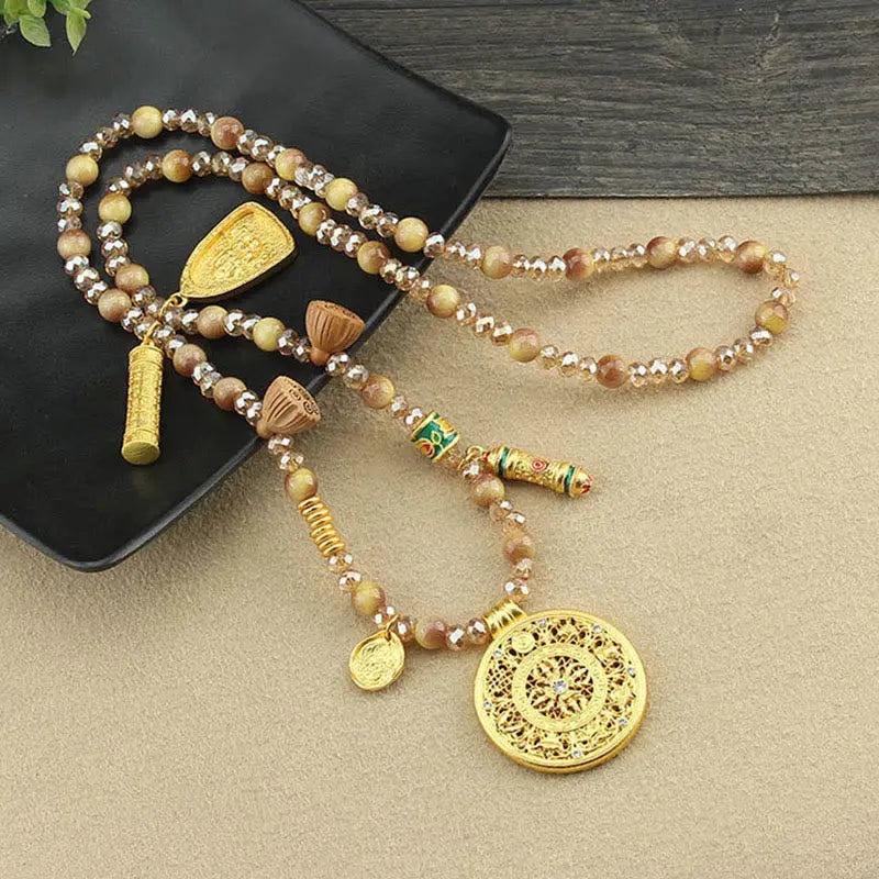 Fortune Jewel Tibetan Lotus Round Plate Golden Tiger Eye Beads Necklace Pendant Fortune Jewel