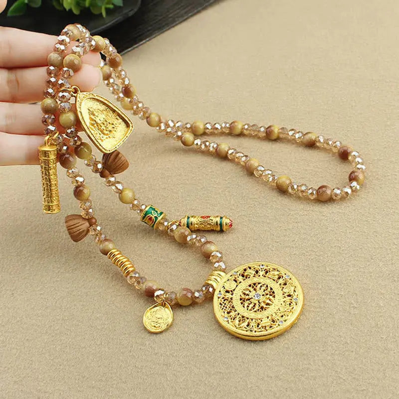Fortune Jewel Tibetan Lotus Round Plate Golden Tiger Eye Beads Necklace Pendant Fortune Jewel