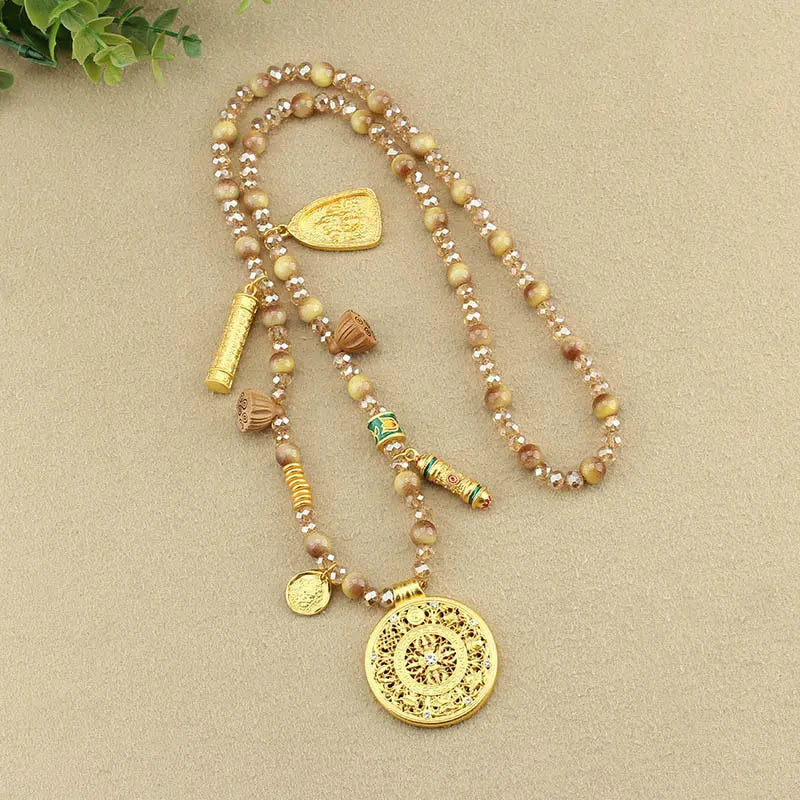 Fortune Jewel Tibetan Lotus Round Plate Golden Tiger Eye Beads Necklace Pendant Fortune Jewel