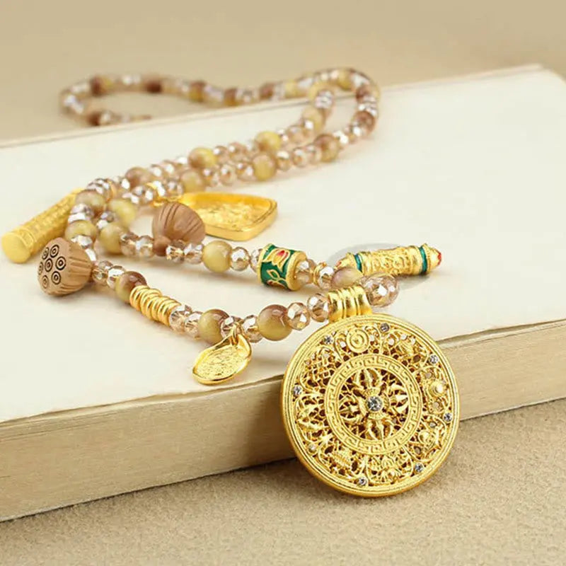 Fortune Jewel Tibetan Lotus Round Plate Golden Tiger Eye Beads Necklace Pendant Fortune Jewel