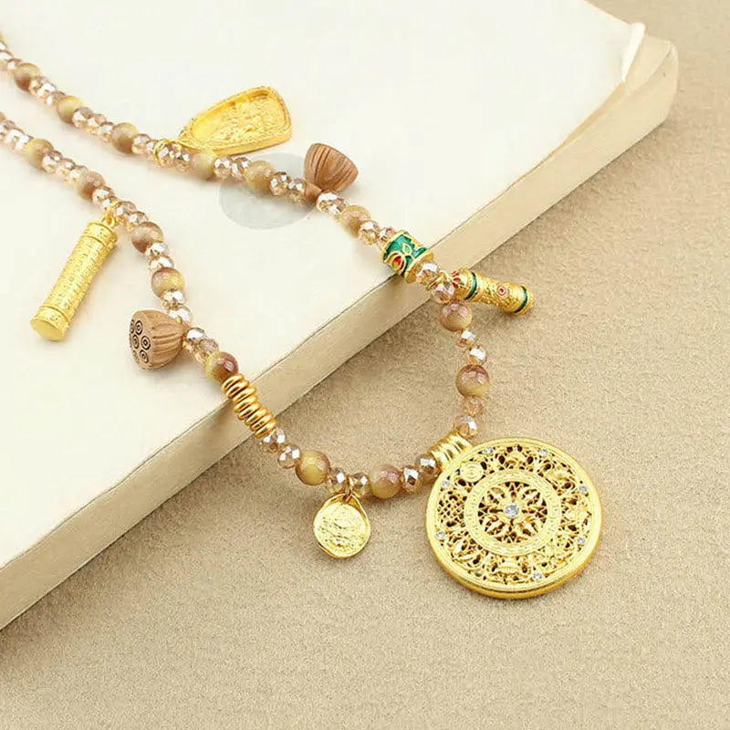 Fortune Jewel Tibetan Lotus Round Plate Golden Tiger Eye Beads Necklace Pendant Fortune Jewel