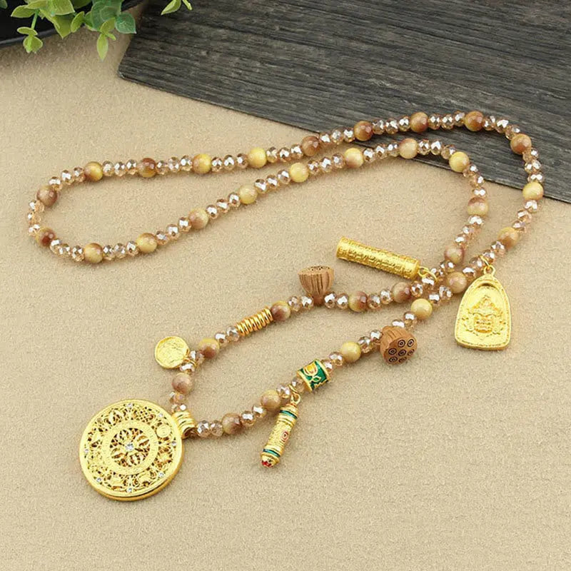 Fortune Jewel Tibetan Lotus Round Plate Golden Tiger Eye Beads Necklace Pendant Fortune Jewel