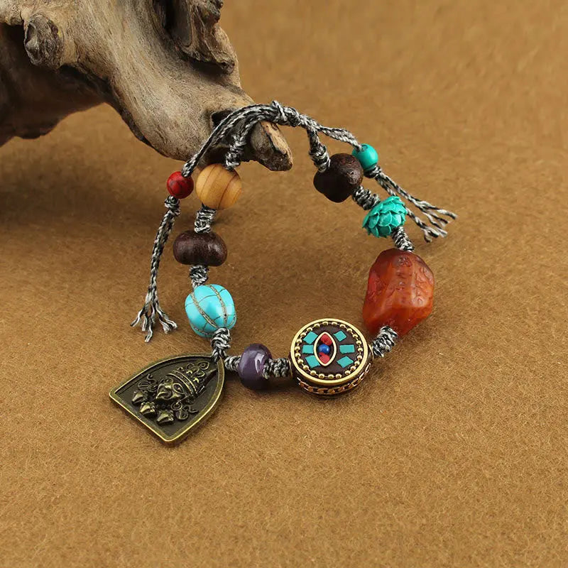 Fortune Jewel Tibetan Buddha's Eye Turquoise Lotus Zakiram Protection Rope Bracelet Fortune Jewel