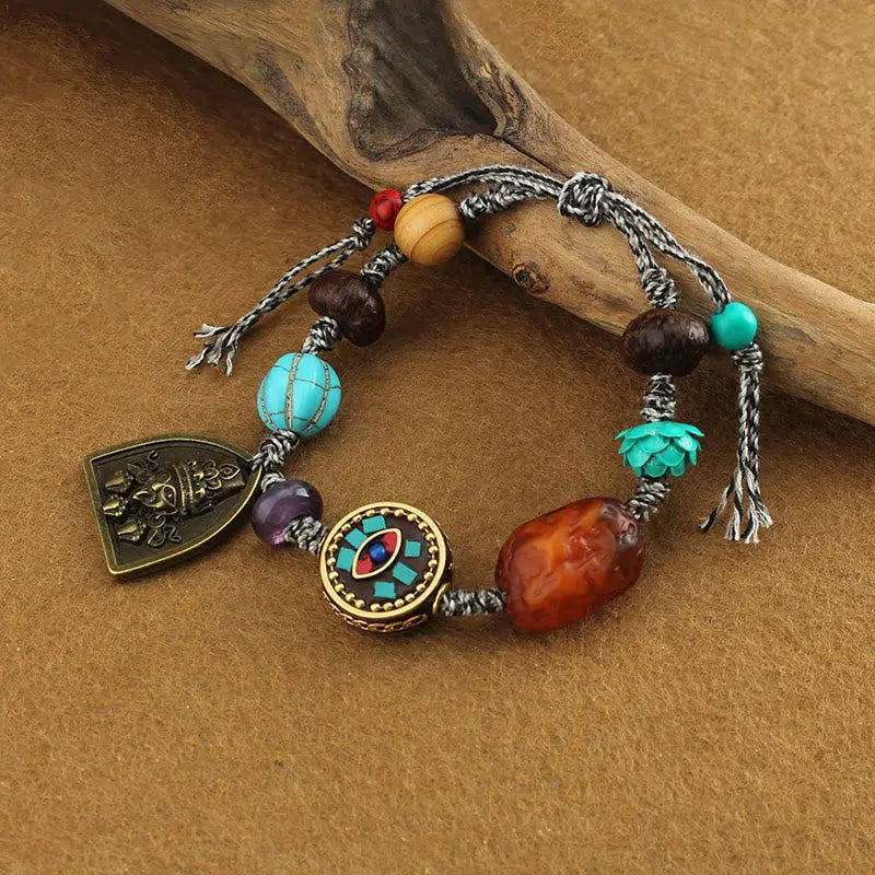 Fortune Jewel Tibetan Buddha's Eye Turquoise Lotus Zakiram Protection Rope Bracelet Fortune Jewel