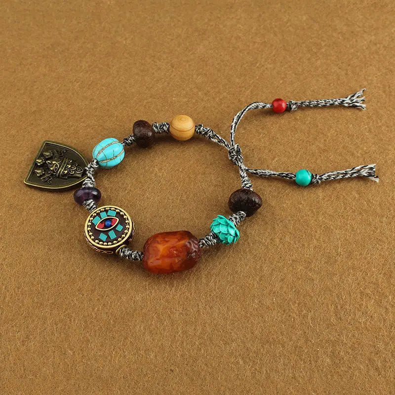 Fortune Jewel Tibetan Buddha's Eye Turquoise Lotus Zakiram Protection Rope Bracelet Fortune Jewel