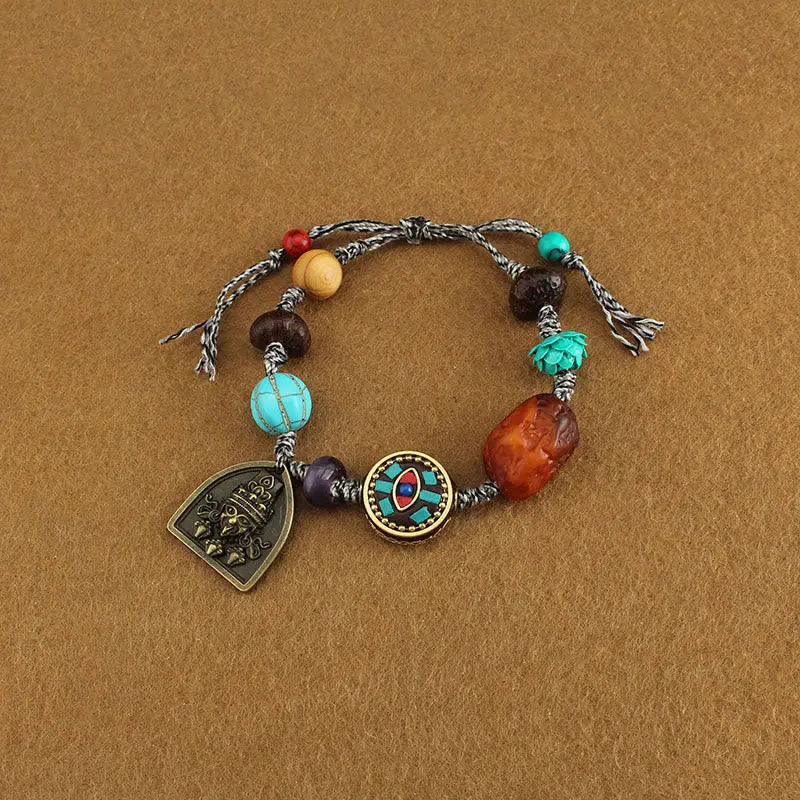 Fortune Jewel Tibetan Buddha's Eye Turquoise Lotus Zakiram Protection Rope Bracelet Fortune Jewel
