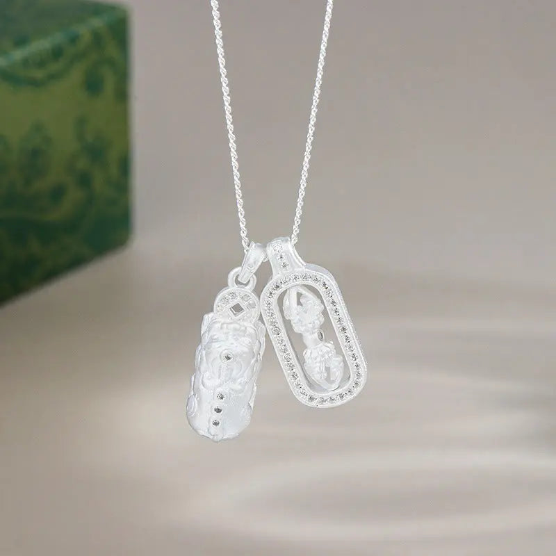 Fortune Jewel 925 Sterling Silver Mini PiXiu Dorje Vajra Wealth Necklace Pendant Fortune Jewel