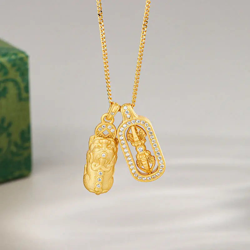 Fortune Jewel 925 Sterling Silver Mini PiXiu Dorje Vajra Wealth Necklace Pendant Fortune Jewel