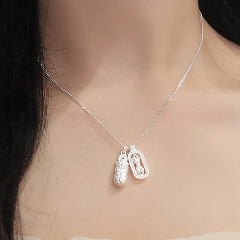 Fortune Jewel 925 Sterling Silver Mini PiXiu Dorje Vajra Wealth Necklace Pendant Fortune Jewel