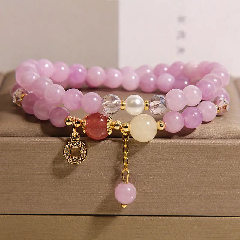Fortune Jewel Tourmaline Purple Jade Aquamarine Jade Copper Coin Positive Double Wrap Bracelet Fortune Jewel