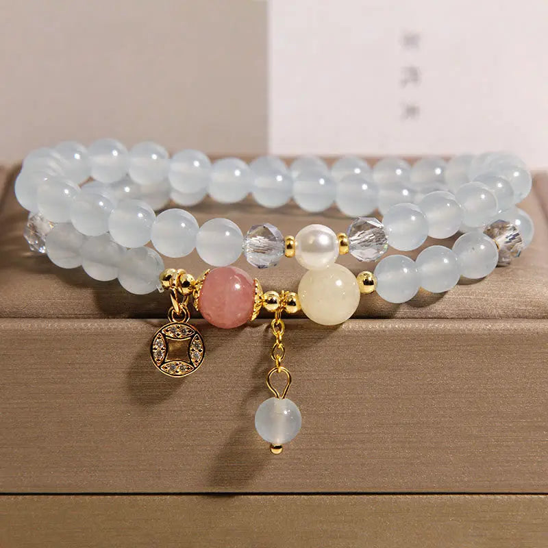 Fortune Jewel Tourmaline Purple Jade Aquamarine Jade Copper Coin Positive Double Wrap Bracelet Fortune Jewel