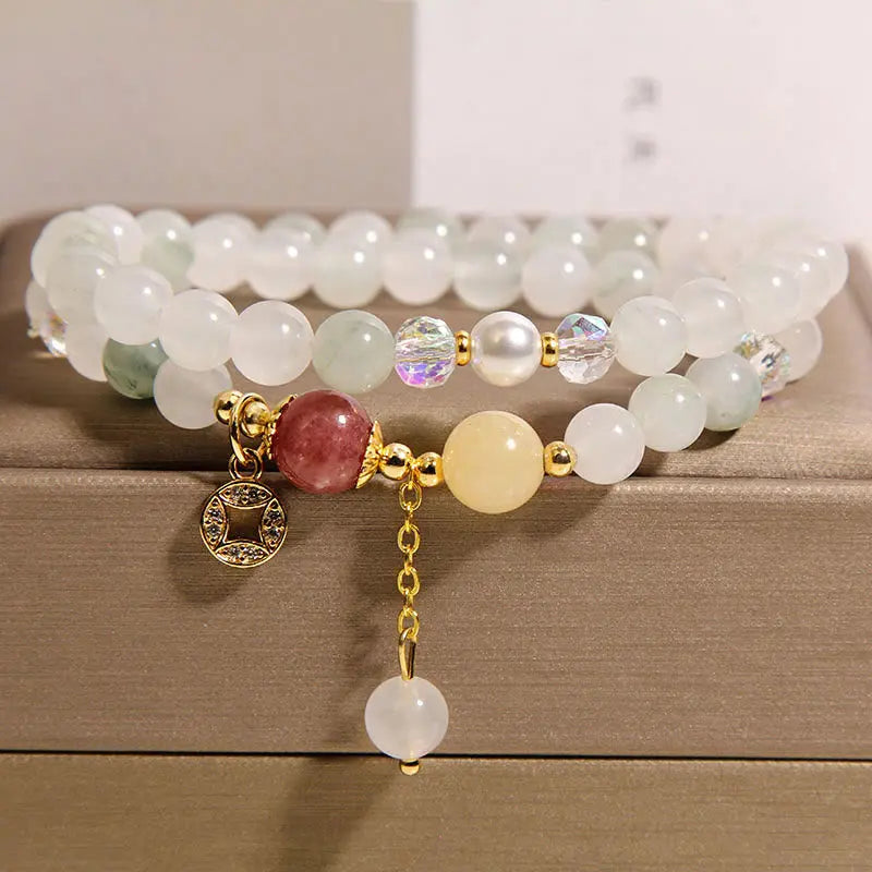 Fortune Jewel Tourmaline Purple Jade Aquamarine Jade Copper Coin Positive Double Wrap Bracelet Fortune Jewel