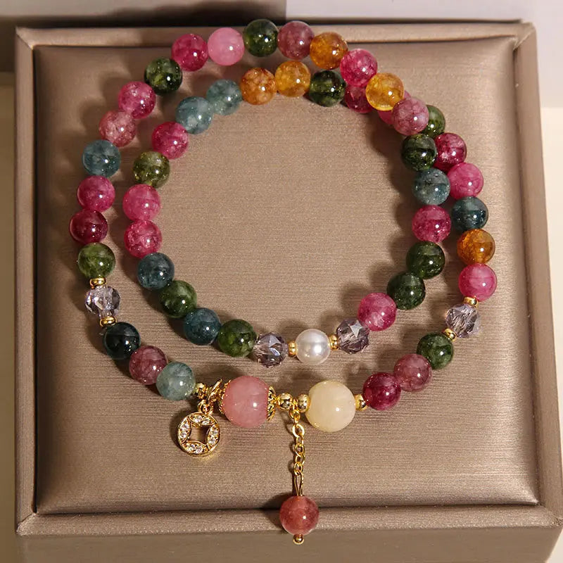 Fortune Jewel Tourmaline Purple Jade Aquamarine Jade Copper Coin Positive Double Wrap Bracelet Fortune Jewel