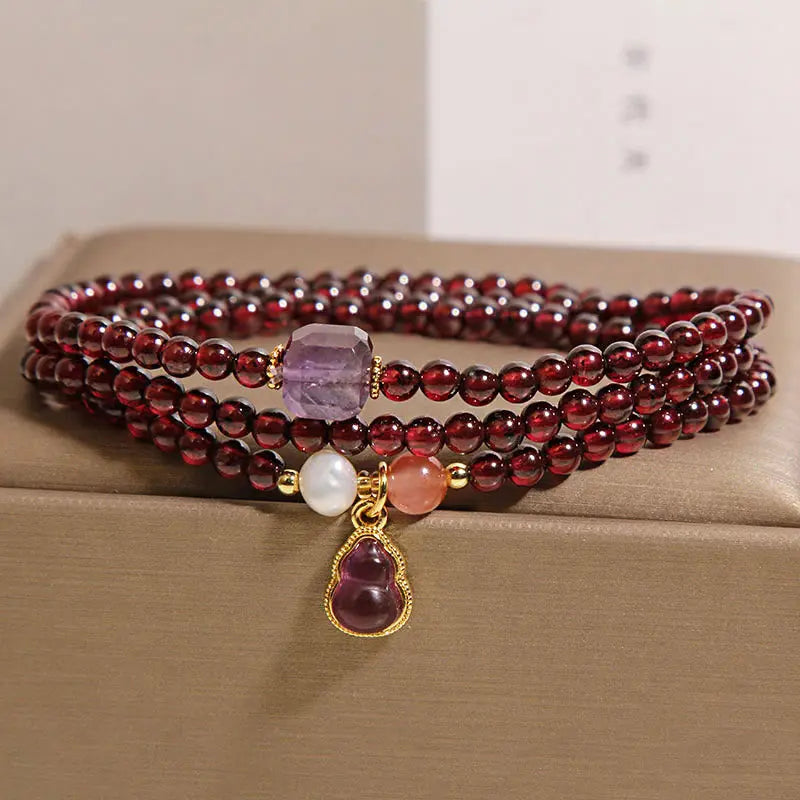 Fortune Jewel Natural Garnet Amethyst Gourd Protection Multi-Layer Bracelet Fortune Jewel
