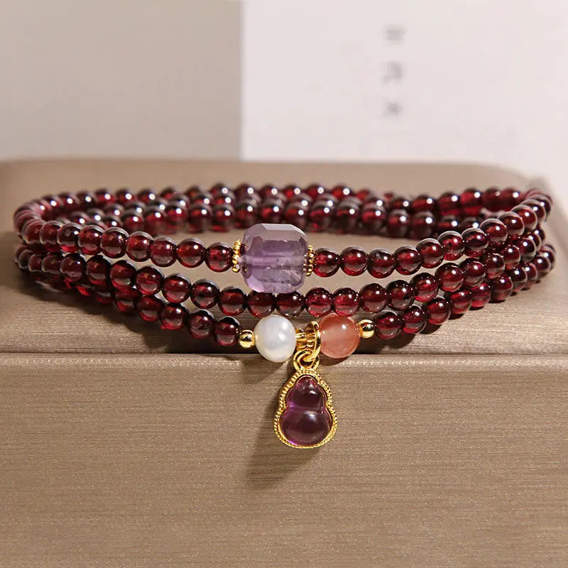 Fortune Jewel Natural Garnet Amethyst Gourd Protection Multi-Layer Bracelet Fortune Jewel