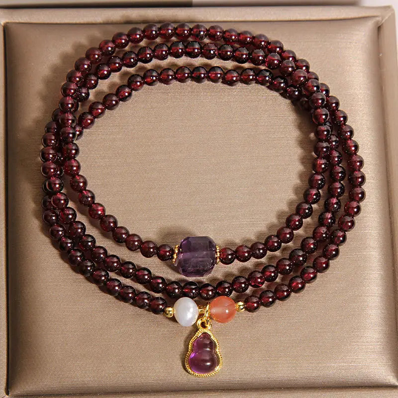 Fortune Jewel Natural Garnet Amethyst Gourd Protection Multi-Layer Bracelet Fortune Jewel
