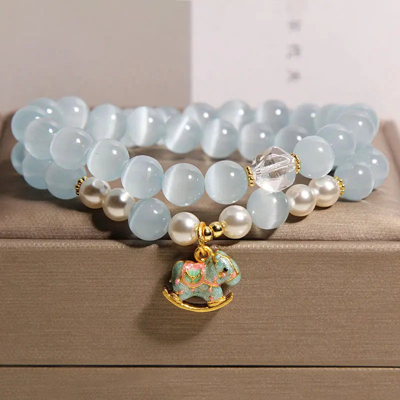 Fortune Jewel Blue Cat Eye Trojan Horse Charm Support Double Wrap Bracelet Fortune Jewel