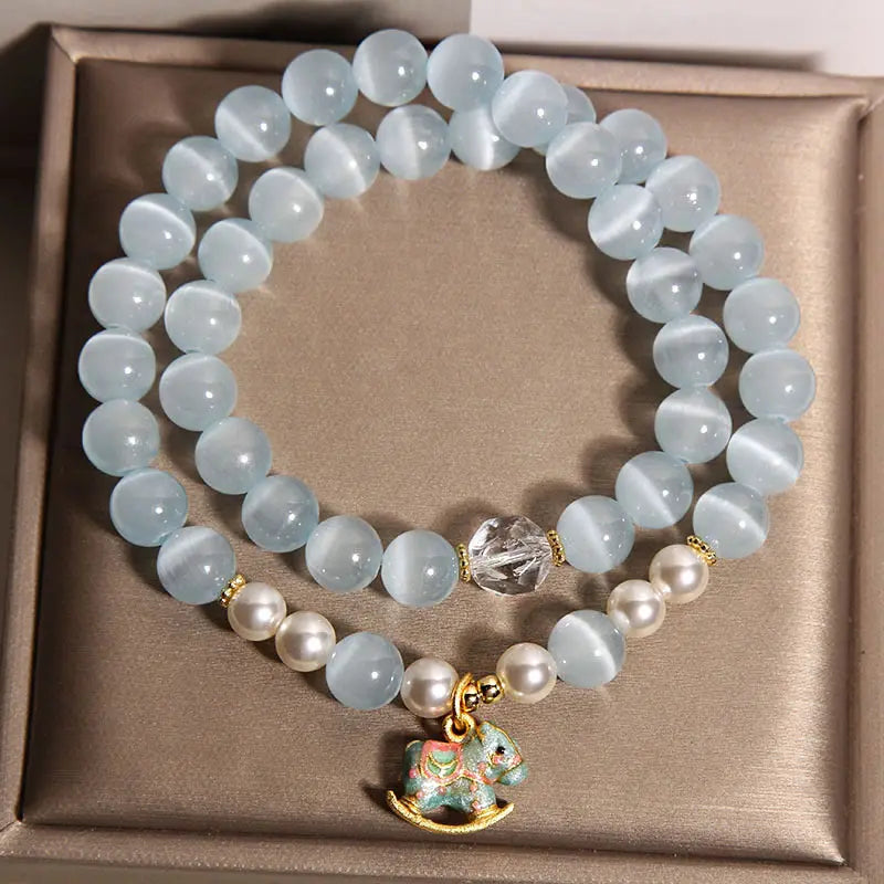 Fortune Jewel Blue Cat Eye Trojan Horse Charm Support Double Wrap Bracelet Fortune Jewel