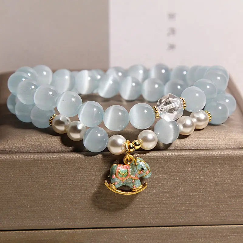 Fortune Jewel Blue Cat Eye Trojan Horse Charm Support Double Wrap Bracelet Fortune Jewel