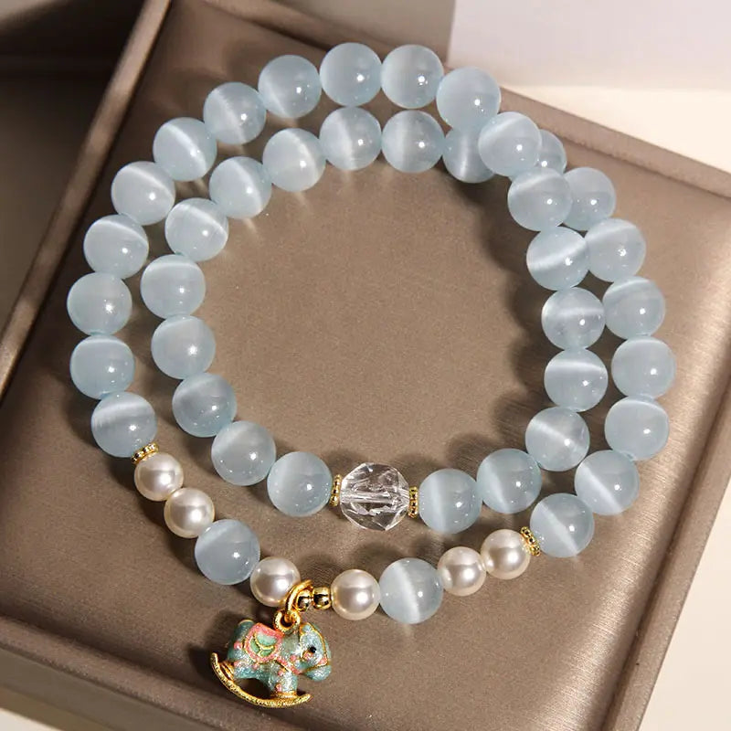 Fortune Jewel Blue Cat Eye Trojan Horse Charm Support Double Wrap Bracelet Fortune Jewel