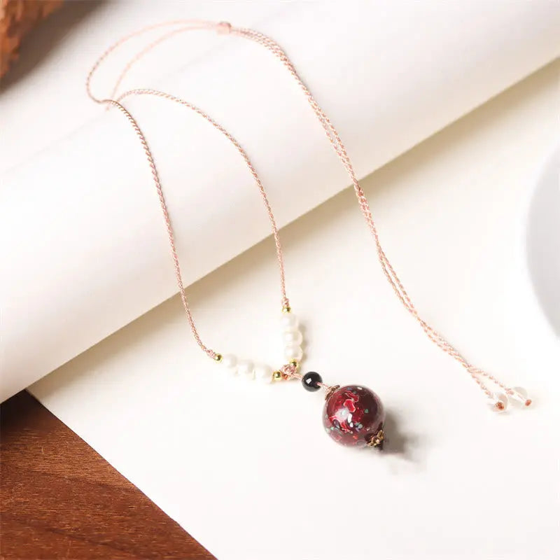 Fortune Jewel Ebony Wood Aurora Lacquer Craft Bead Pearl Balance Necklace Pendant Fortune Jewel