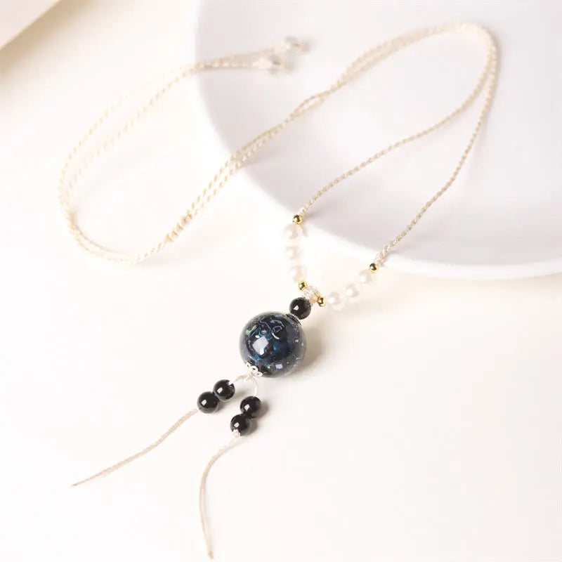 Fortune Jewel Ebony Wood Aurora Lacquer Craft Bead Pearl Balance Necklace Pendant Fortune Jewel