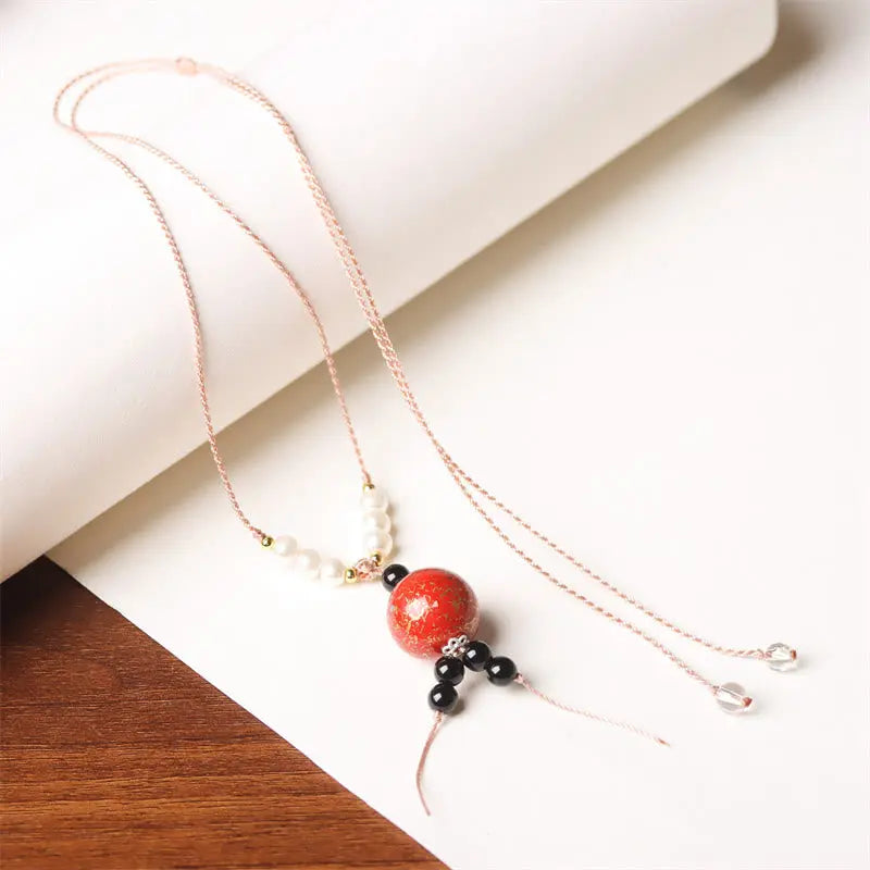 Fortune Jewel Ebony Wood Aurora Lacquer Craft Bead Pearl Balance Necklace Pendant Fortune Jewel