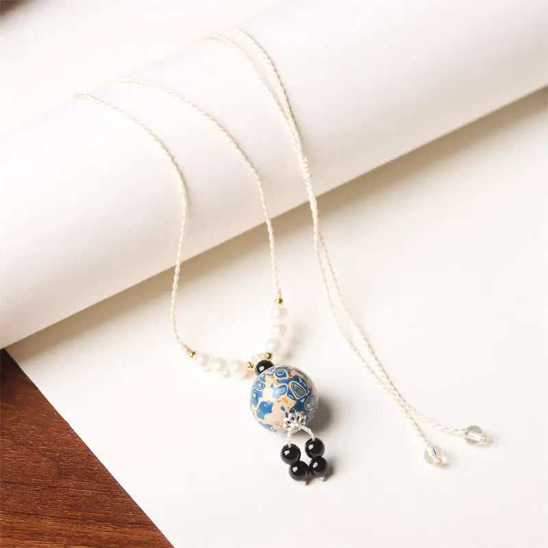 Fortune Jewel Ebony Wood Aurora Lacquer Craft Bead Pearl Balance Necklace Pendant Fortune Jewel