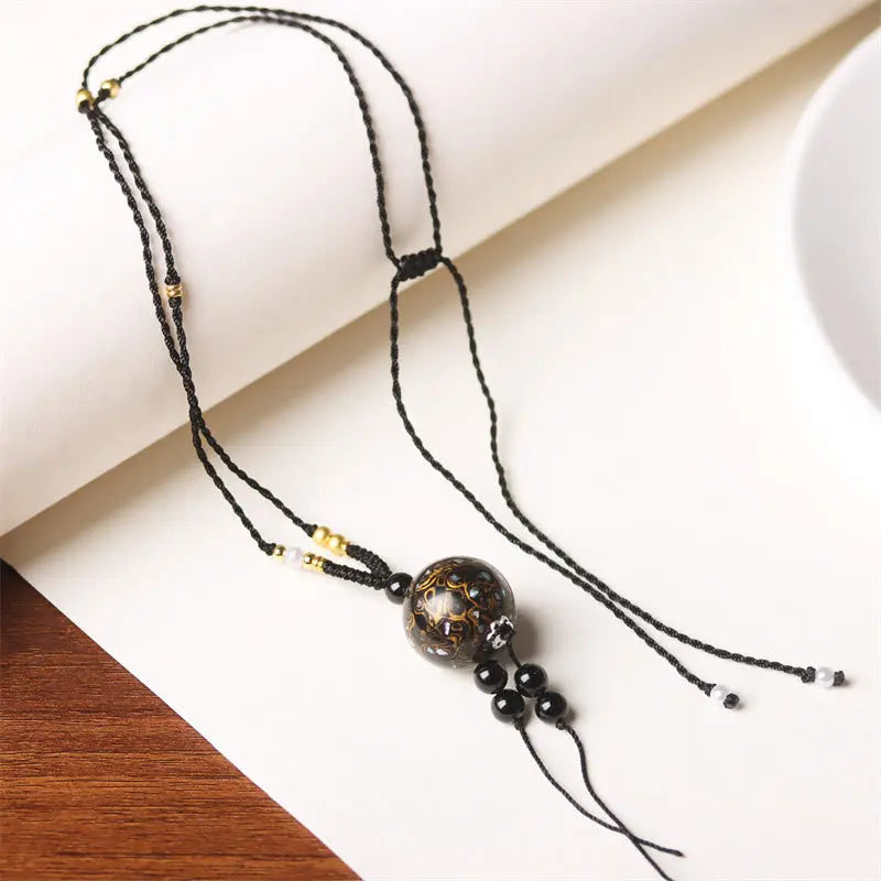 Fortune Jewel Ebony Wood Aurora Lacquer Craft Bead Pearl Balance Necklace Pendant Fortune Jewel