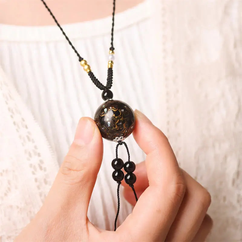 Fortune Jewel Ebony Wood Aurora Lacquer Craft Bead Pearl Balance Necklace Pendant Fortune Jewel