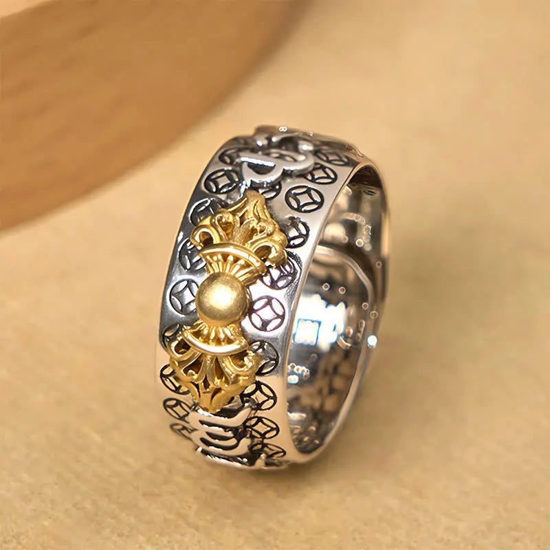 Fortune Jewel Vintage Om Mani Padme Hum Vajra Copper Plated Silver Balance Ring Fortune Jewel