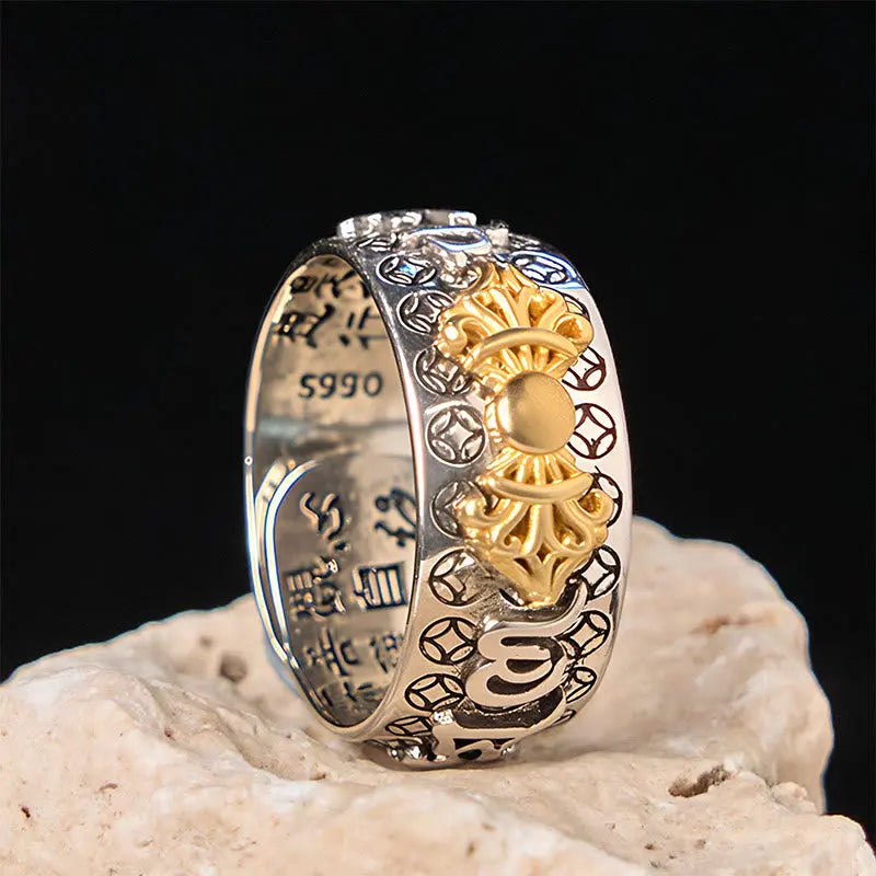 Fortune Jewel Vintage Om Mani Padme Hum Vajra Copper Plated Silver Balance Ring Fortune Jewel