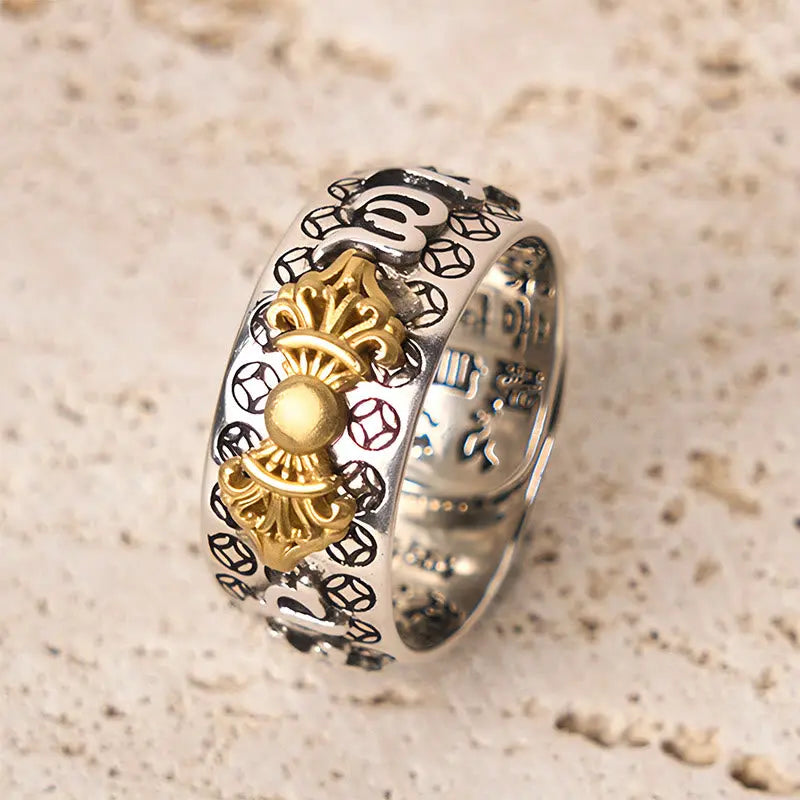 Fortune Jewel Vintage Om Mani Padme Hum Vajra Copper Plated Silver Balance Ring Fortune Jewel