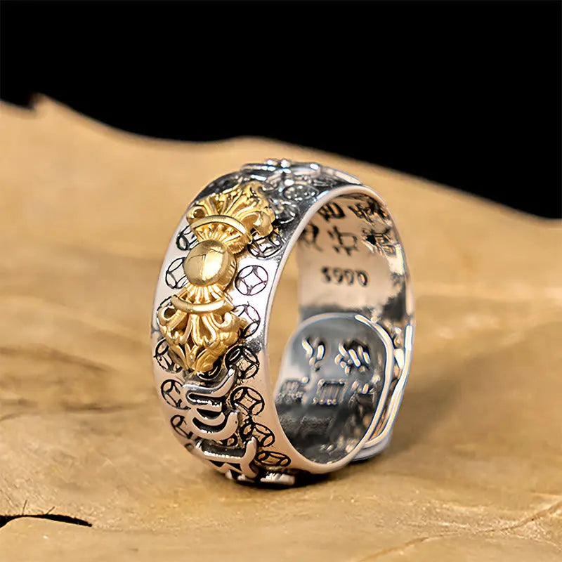 Fortune Jewel Vintage Om Mani Padme Hum Vajra Copper Plated Silver Balance Ring Fortune Jewel
