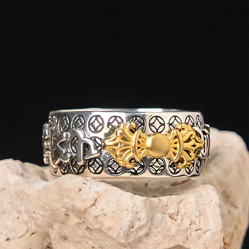 Fortune Jewel Vintage Om Mani Padme Hum Vajra Copper Plated Silver Balance Ring Fortune Jewel