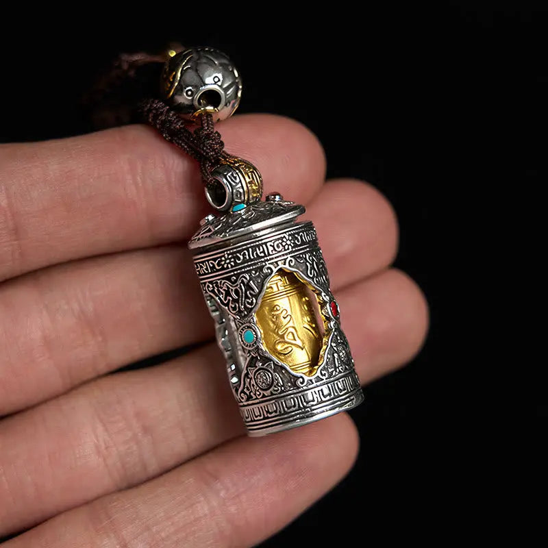 Fortune Jewel Om Mani Padme Hum Ghau Prayer Box Copper Plated Silver Luck Key Chain Fortune Jewel
